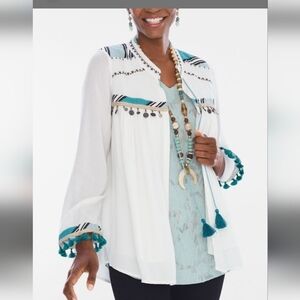 CHICOS Tassel Tie Boho Open Jacket Embroidered Top. White/blue. Size 1(M) NWT